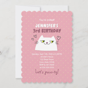 Convite Gatinho Fofo Rosa Aniversário de Crianças