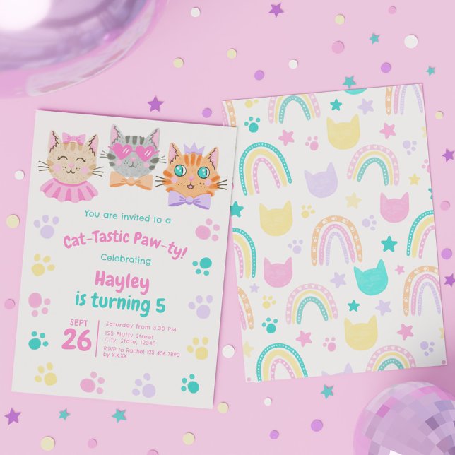 Convite Gatinho Gato Gato-Gato-Gato-Gato-Gato-Gato-Tástico (Colorful Cat-Tastic Paw-ty Cute Kitty Cat Birthday Invitation)
