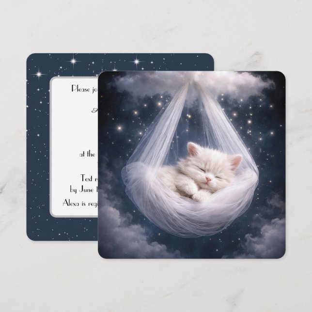 Convite Gatinho Pendurado em uma Rede de Tule e Nuvem (Frente/Verso)