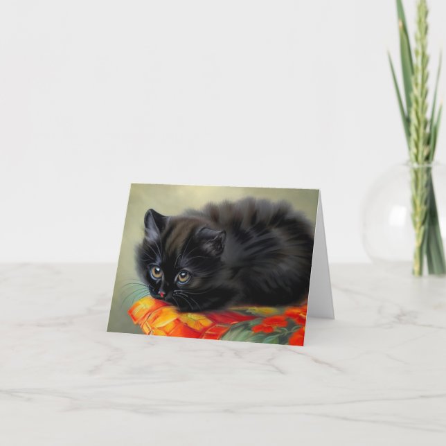Convite Gatinho Preto Antigo com Cobertor de Flor Vermelha (Frente)