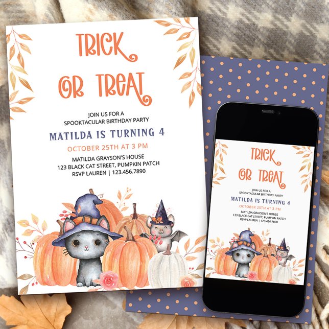 Convite Gatinho Preto do Dia das Bruxas ou Travessuras Rem (Trick or Treat Halloween birthday party invitation with cute black cat and quirky wording)