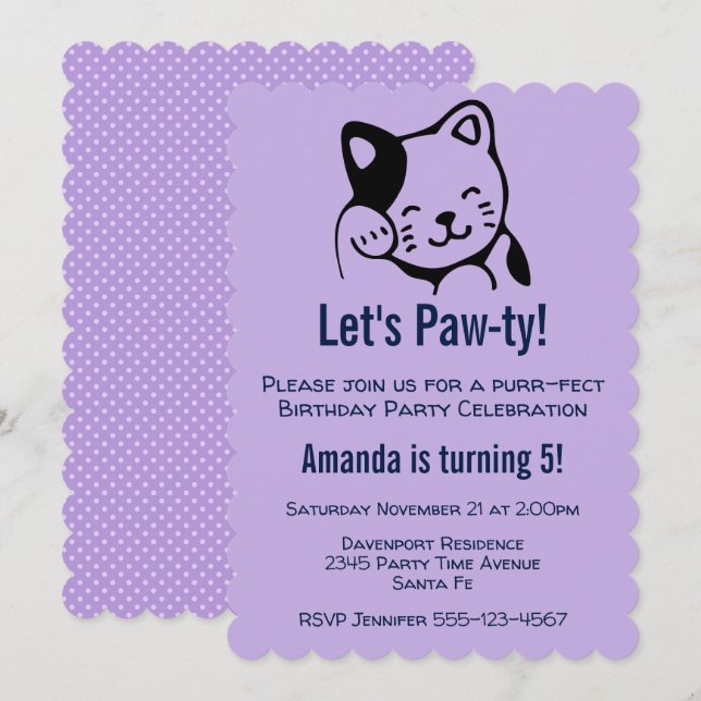 Convite Gatinho Preto e Branco Fofo Acenando - Aniversário (Frente/Verso)