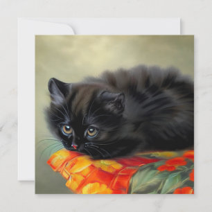Convite Gatinho Preto Vintage com Cobertor de Flor Vermelh