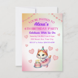 Convite Gatinho rosa e púrpura Ballerina no aniversário