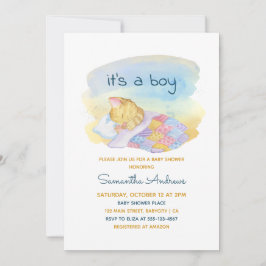 Convite Gatinho Sonolento de Aquarela É um Chá de fraldas