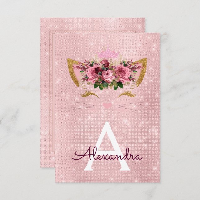 Convite Gatinho Sparkle rosa Dourado Doce Dezesseis Aniver (Frente/Verso)