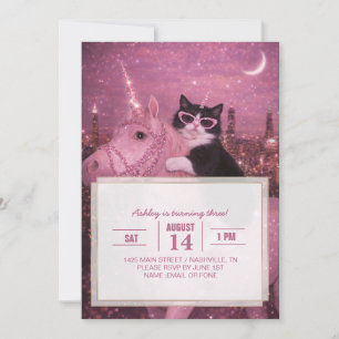 Convite Gatinho Unicórnio Glamouroso Sob a Cidade Reluzent
