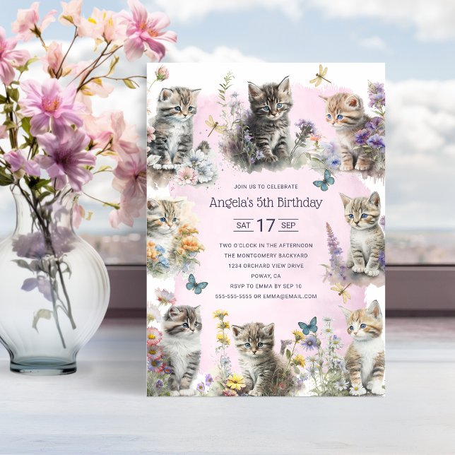 Convite Gatinhos Gelados Flores Selvagens Festa de anivers (Cute Kittens Wildflowers Personalized 5th Birthday Party Invitation)