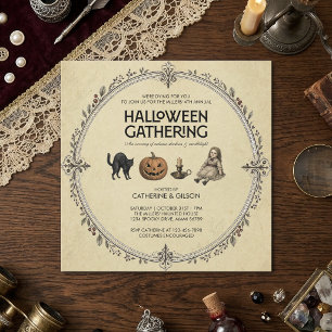 Convite Gato, Abóbora, Vela & Boneca Vintage Halloween