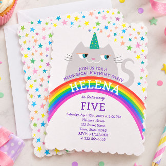 Convite Gato Arco-íris Unicórnio Aniversário de 5 anos