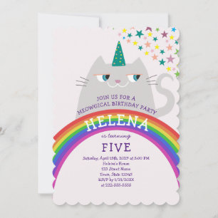 Convite Gato Arco-íris Unicórnio Aniversário de 5 anos