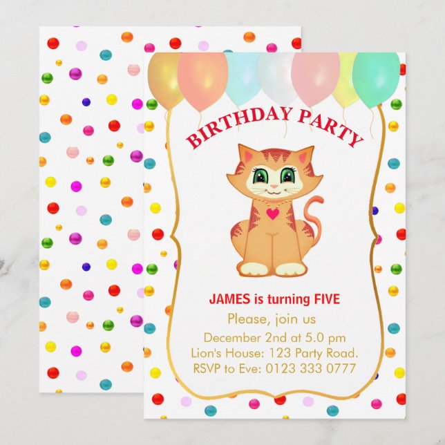 Convite Gato Atigrado Fofo, Balões e Confetes de Aniversár (Frente/Verso)