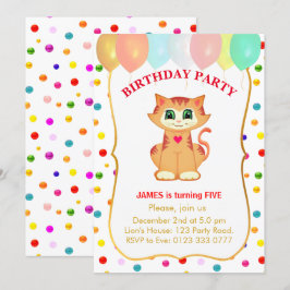 Convite Gato Atigrado Fofo, Balões e Confetes de Aniversár
