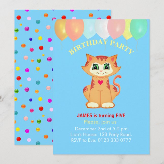 Convite Gato Atigrado Fofo, Balões e Confetes de Aniversár (Frente/Verso)