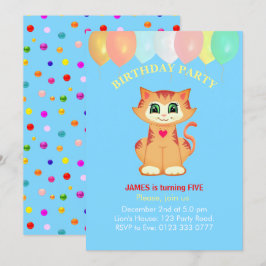 Convite Gato Atigrado Fofo, Balões e Confetes de Aniversár