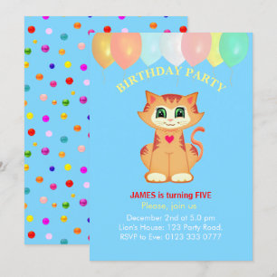 Convite Gato Atigrado Fofo, Balões e Confetes de Aniversár