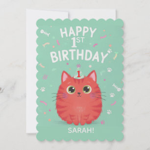 Convite Gato Atigrado Laranja Fofo - 1º Aniversário Pers