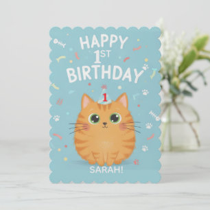 Convite Gato Atigrado Laranja Fofo - 1º Aniversário   Pers