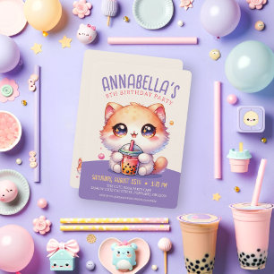 Convite Gato Bebendo Boba Festa de Aniversário de Chá de B