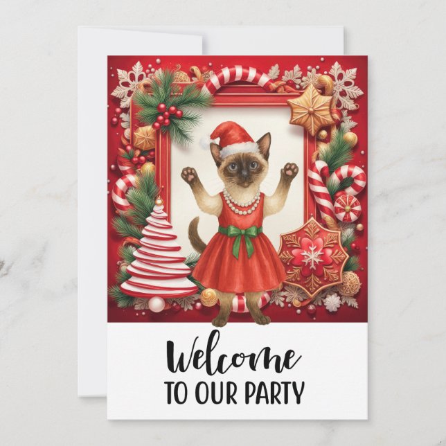 Convite Gato Bem-vindo à Festa de Natal (Frente)