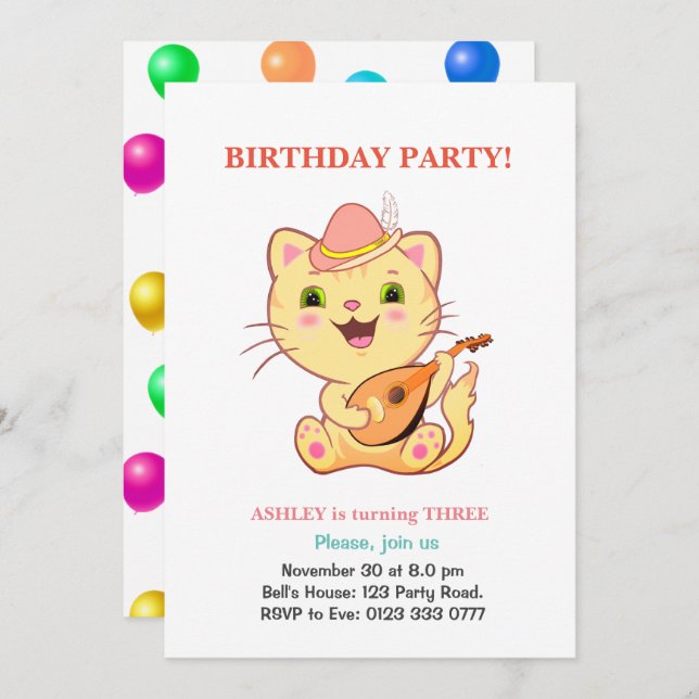 Convite Gato Bonito e Balões Multicoloridos Aniversário (Frente/Verso)