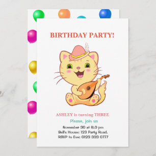Convite Gato Bonito e Balões Multicoloridos Aniversário