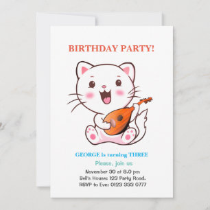 Convite Gato Bonito e Balões Multicoloridos Aniversário Co