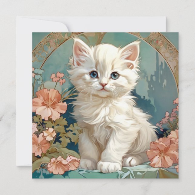 Convite Gato Branco Estilo Alphonse Mucha (Frente)