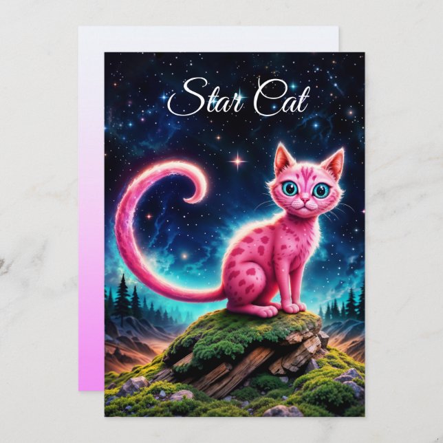 Convite Gato brilhante, longa cauda, arte de olhos azuis (Frente/Verso)