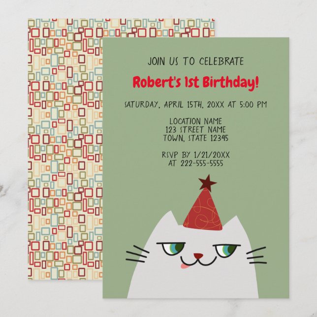 Convite Gato Cinza Fofo Aniversário de 1 Ano (Frente/Verso)