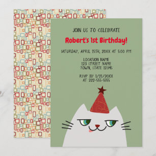 Convite Gato Cinza Fofo Aniversário de 1 Ano