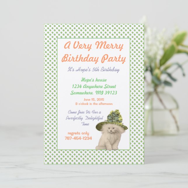 Convite Gato com Festa de aniversário de chapéu verde (Em pé/Frente)