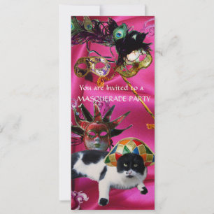 CONVITE GATO COM HARLEQUIN HAT E MÁSCARAS DE MASCARADA