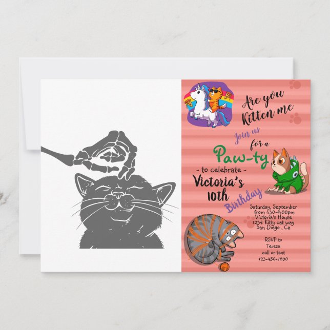 Convite Gato com mão de esqueleto humano - Escolha a cor d (Frente)