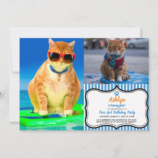 Convite Gato com óculos de sol surfando no oceano (Frente)