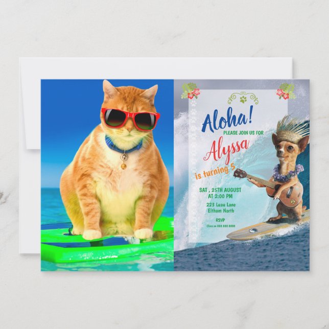 Convite Gato com óculos de sol surfando no oceano (Frente)