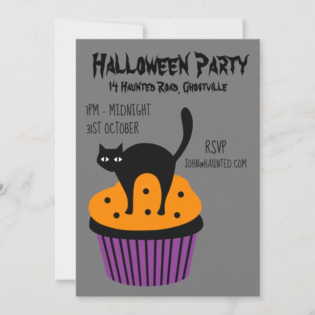 Convite Gato cupcake preto e laranja do Halloween (Frente)