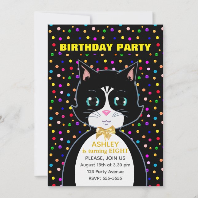 Convite Gato de Aniversário de Smoking Fofo & Confetes Col (Frente)