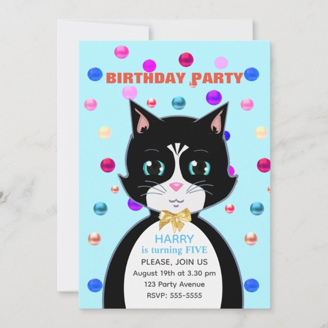 Convite Gato de Aniversário de Smoking Fofo & Confetes Mul (Frente)
