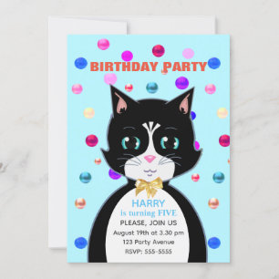 Convite Gato de Aniversário de Smoking Fofo & Confetes Mul