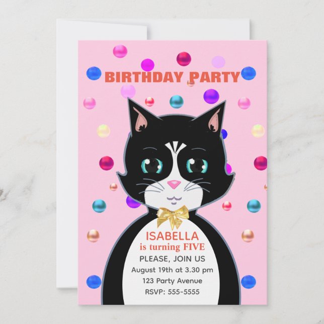 Convite Gato de aniversário de Tuxedo bonito em Rosa claro (Frente)
