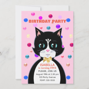 Convite Gato de Aniversário de Tuxedo Fofo em Rosa Claro