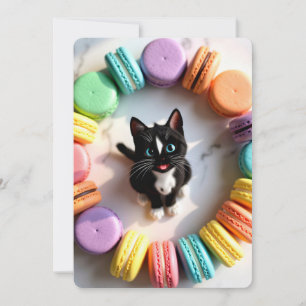 Convite Gato de Aniversário Fofo com Macarons Coloridos –