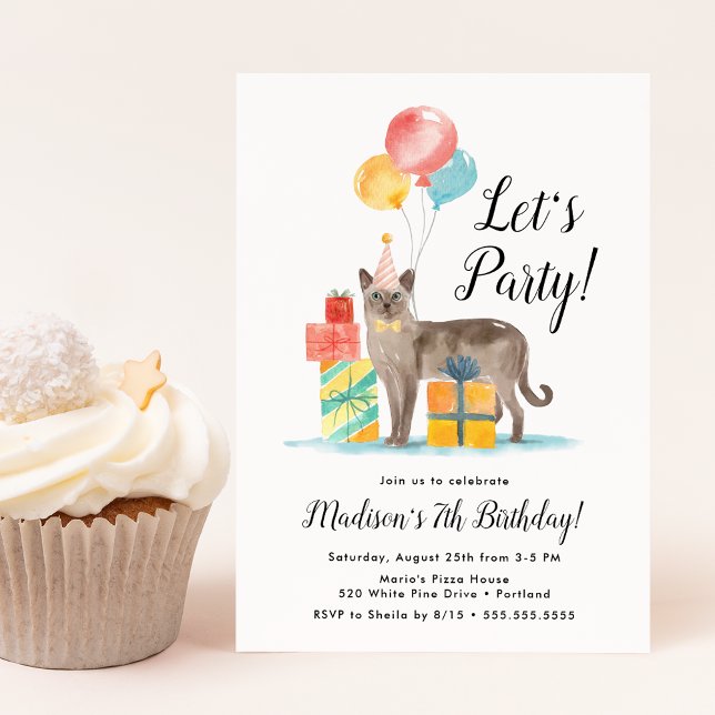 Convite Gato de Aquarela com Aniversário de criança de Bal (Criador carregado)