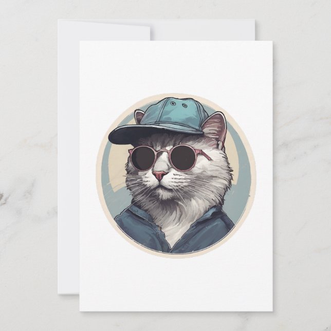 Convite Gato de desenho animado com óculos de sol (Frente)