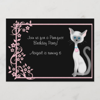Convite Gato de Gato e Flores Rosa Bonitos Aniversário