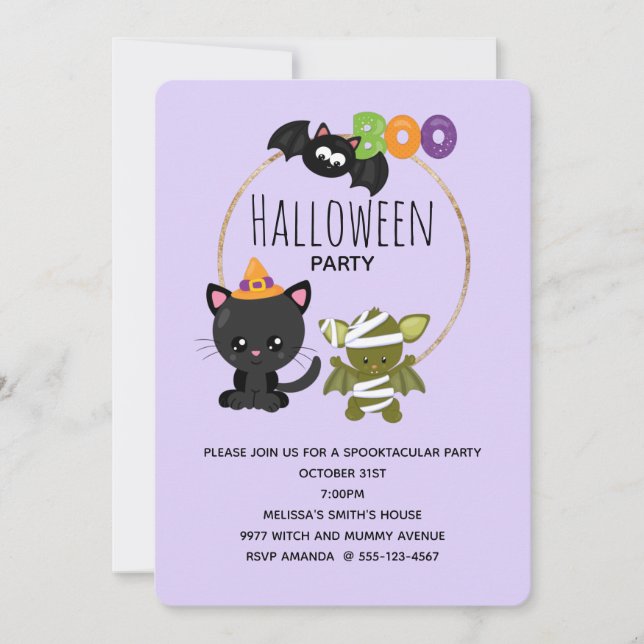Convite Gato de Halloween, Bat e Mummy Boo (Frente)