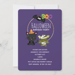 Convite Gato de Halloween Fofo, Morcego e Mamãe Boo Aniver