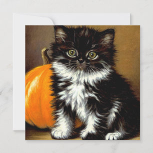 Convite Gato de Halloween Preto e Branco Vintage