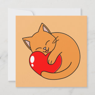 Convite Gato de Laranja Feliz e Bonito com Coração Vermelh